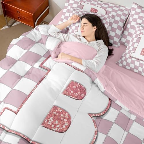 Image of Erosebridal Pink Initial B King Comforter Set with Sheets 7 Piece Kawaii Plaid Checkered Bed in A Bag Cute Personalized Monogram Bedding Sets for Kids Girls Teen Women,Fashion Grids Gingham Bed Set