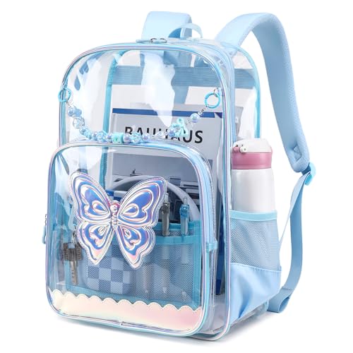 MUSEVOS Clear Backpack for School Clear Bookbag for Girls PVC Heavy Duty Transparent Backpack Blue Butterfly
