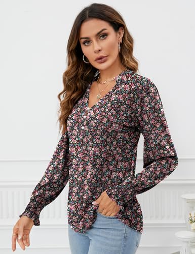 Rapbin Womens V Neck Puff Long Sleeve Button Down Tunic Blouses Fall Tops 2025 Ruffle Cuffs Dressy Casual T-Shirts4