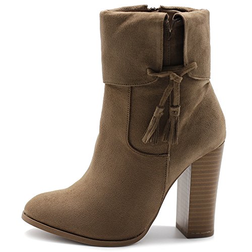 Ollio Women's Shoe Faux Suede Back Zip Up Stacked High Heel Tassel Ankle
