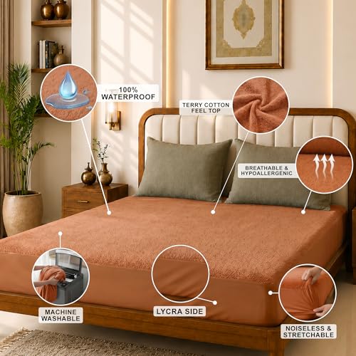 Image of Glassiano Cotton Feel Terry Ultra Soft Waterproof Mattress Protector | Breathable - Hypoallergenic Mattresses Cover with Elastic Strap for King Bed (72x80 inch|6x6.6 feet, Golden - Pack of 1)