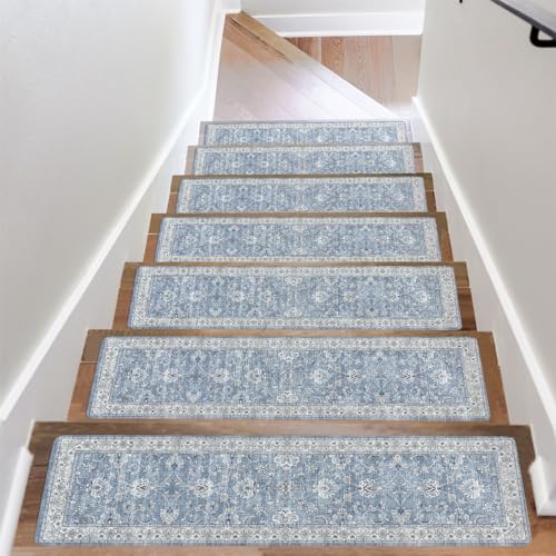 OJIA Stair Treads for Wooden Steps Indoor Washable Stair Carpet Non-Slip 15PCS 30'x8' Rubber Backing Stair Mats Stair Runners for Kids, Elders and Dogs, Staircase Step Treads Stair Covers