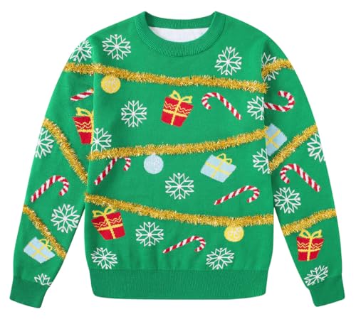 Lovekider 7-14 Years Girls Ugly Christmas Sweater for Kids Tinsel Garland Embellished Holiday Knit Pullovers