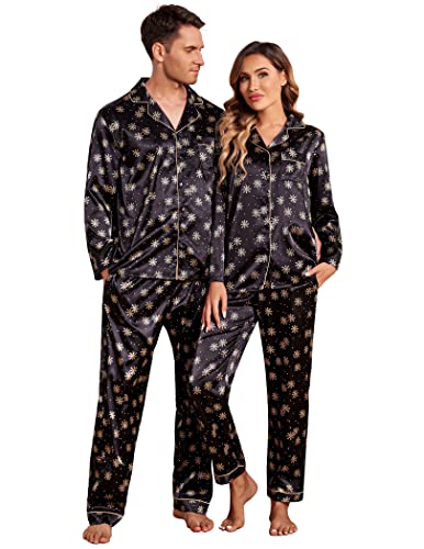 Ekouaer Couples Matching Pajamas Silk Long Sleeve Sleepwear Satin Soft Button Down Loungewear Pjs Set,Black with Snowflakes,M