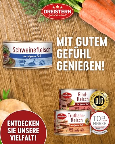 DREISTERN Schweinefleisch im eigenen Saft 300g I Mit Schweineschwarte I Herzhafte Spezialität in recyclebarer Konservendose I Lange Haltbarkeit dank natürlicher Konservierung I Hausmacher Qualität