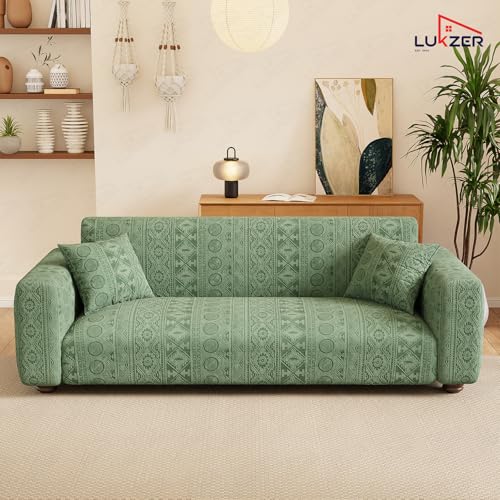 Image of Lukzer 1 Seater Pastel Green Tribal Pattern Sofa Cover | 240 GSM Universal Stretch Fit Jacquard Fabric Couch Protector | Fully Covered Anti Slip & Washable Sofa Cover (90-140cm /SC-071-01)