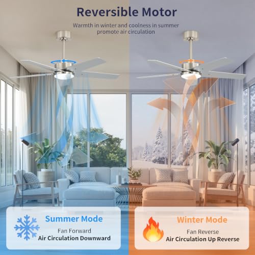 Image of 42 Inch Ceiling Fans with Lights and Remote, Bedroom Living Room Kitchen Home Office Indoor /Outdoor, 6CCT Dimmable, Dual Color 5 Blades, 6 Speed Reversible Quiet DC Motor, Sand-nickel /Wood Grain