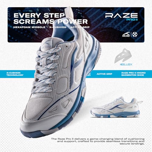 Image of Hundred Raze Pro II Badminton Shoes (Non Marking) Indoor Sports | Lightweight & Durable | X-Cushion | Active Grip Sole | Extended Heel Lock (White /Blue ; UK 3)