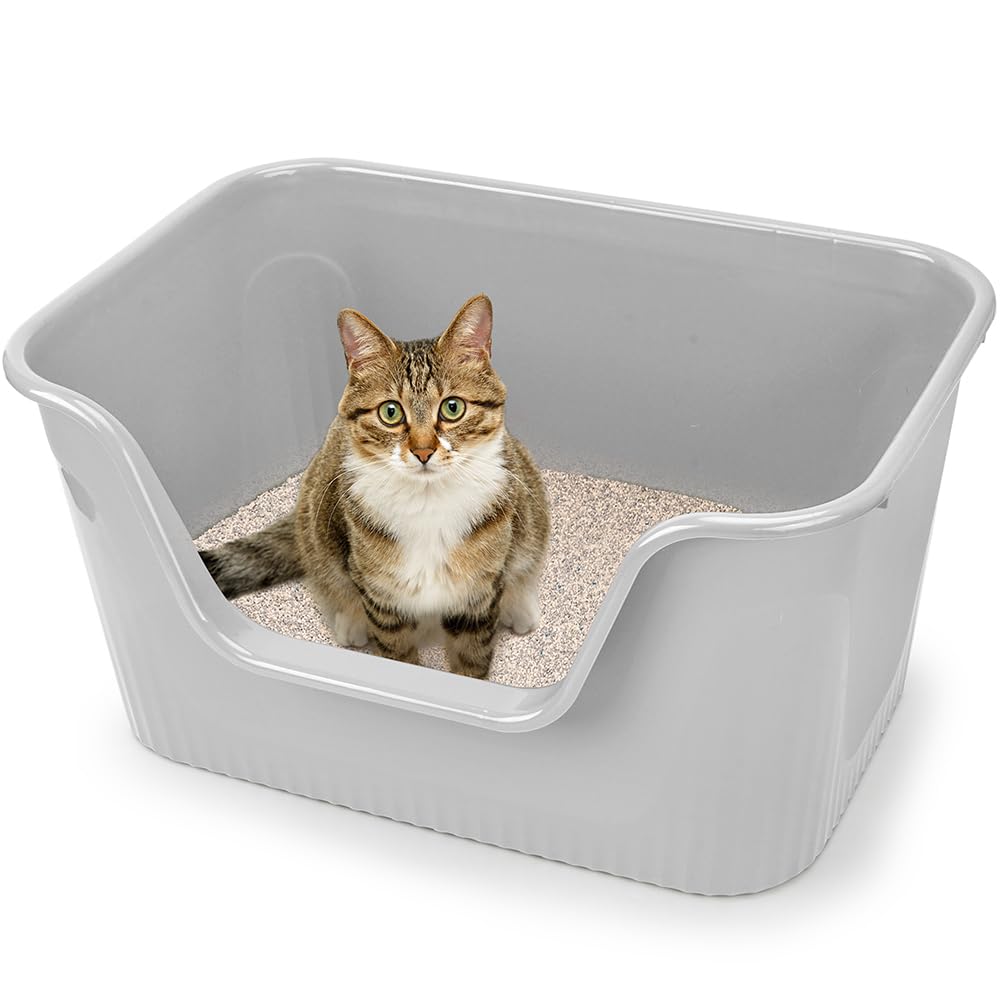 超大型猫用トイレ オープンタイプ 大きい猫 多猫 本体 簡単掃除 清潔 飛散防止 一体成形 幅54.5×奥41×高26.5cm(グレーM)
