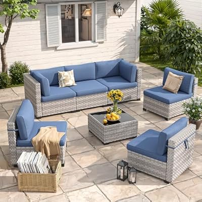 MAISON BACKYARDS 6-Seat Modular Patio Furniture Set – Outdoor Wicker Sectional Sofa with Thick 4? Cushions, Dual-Strand PE Rattan, Rust-Resistant 18 mm Steel Frame, Backyard Garden Deck Lounge,Navy