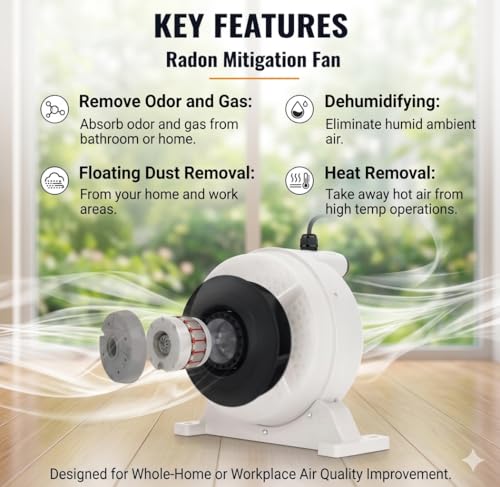 Ventilador de mitigación de radón de 4 pulgadas – Ventilador de conducto en línea silencioso de 190 CFM | Resistente al agua IP67, motor ahorrador de energía, fácil instalación con acoplamientos de goma (4 x 3 pulgadas) e indicador de presión de aire miniatura 7