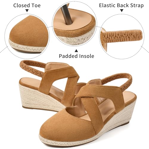 Image of HARENCE Espadrilles Wedge Sandals for Women: Comfortable Closed Toe Ankle Strap Elastic Shoes Summer Dressy Platform Heels