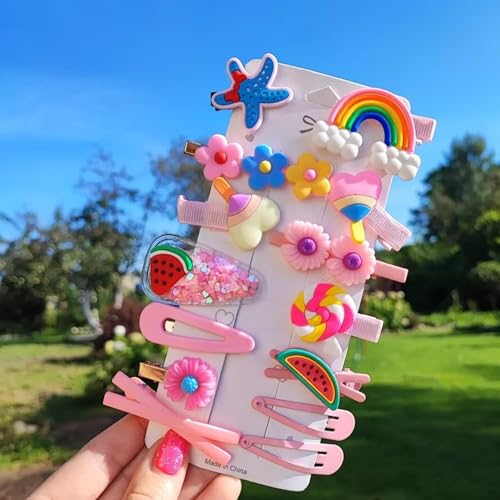 Image of Giggles Boo 28 Pcs Korean Style Hair Clips Set for Girls & Kids | Cute Rainbow, Fruit, Flower & Unicorn Designs | Metal Tic Tac Pins for Toddlers & Women | Pink, Purple, Yellow (2 Random Pack)