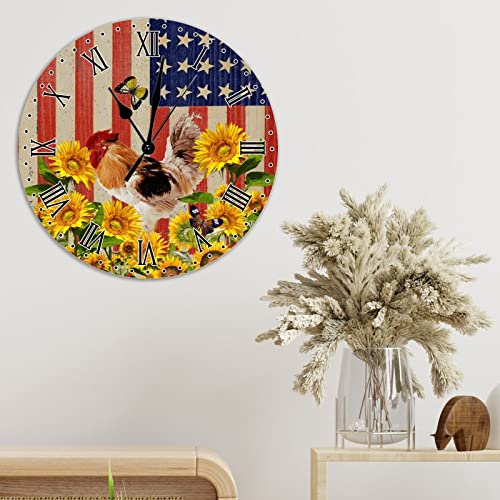 Horloge murale en bois motif coq tournesol drapeau américain de 30 cm - 5