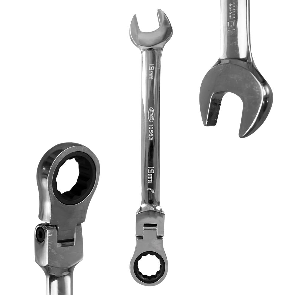 Partenopea Set 12 chiavi combinate articolate con cricchetto JBM 51318 – misure 8-19 mm, testa snodata 180°, cricchetto 72 denti, utensili officina