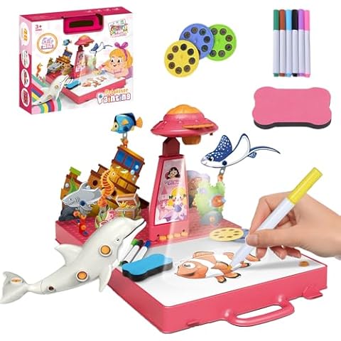 2win2buy Drawing Projector for Kids, Art Projector for Tracing with 48 Cartoon Patters, 6 Color Pens, 4 Doodle Board, Stered Puzzle Cards for Boys Girls 3-8 Years Old Learn to Draw and Sketch (Pink) Cover