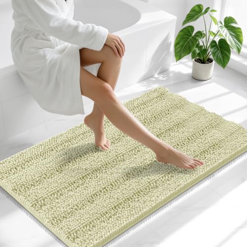 Image of Smiry Thick Chenille Bathroom Runner Rugs 44x24, Extra Absorbent Striped Bath Mat, Machine Washable, Rubber Backing, Long Bath Rugs for Bathroom, Tub & Shower, Home Decor Accessories, Vanilla