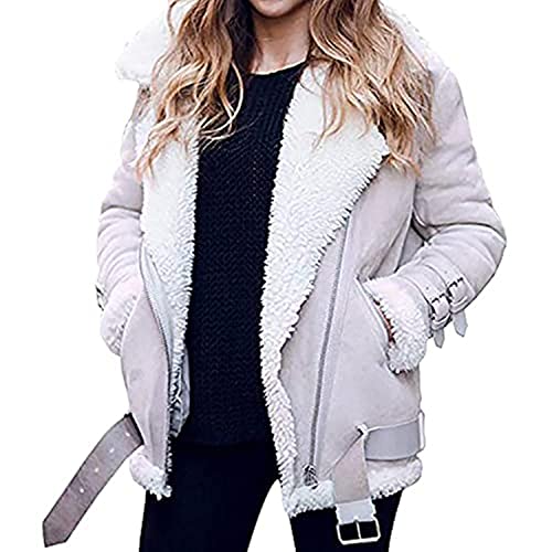 ELizoop Chaqueta de cuero para mujer, abrigo de invierno cálido, abrigo de piel sintética, chaqueta de viento, solapa para motociclistas, aviador, abrigo para exteriores, gris, 5X-Large