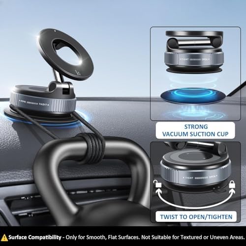 Image of Humble 360 Vacuum Magnetic Car Phone Holder - Strong Suction Cup Mount for Dashboard, Windshield, Rearview Mirror, Shower and Gym, Universal Hands-Free Phone Mount for All Smartphones - Black (MH07)