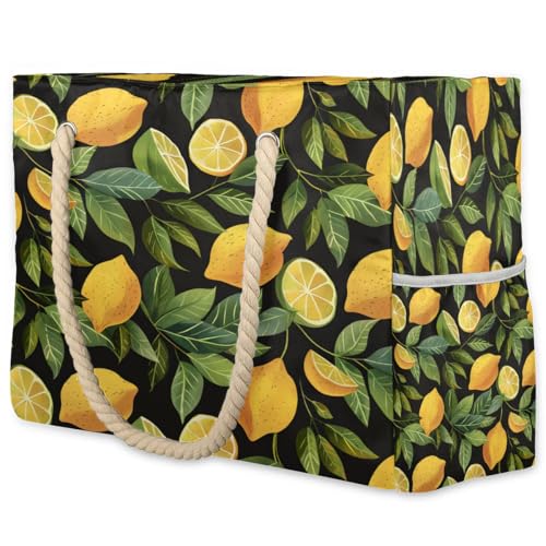 cfpolar Fresh Yellow Lemon Beach Bag for Women Ladies Large Beach Pool Tote Bag Sandproof Beach Tote with Zipper Gym Tote Carry On Bag Reusable Grocery Shopping Bag for Weekender Travel Daily