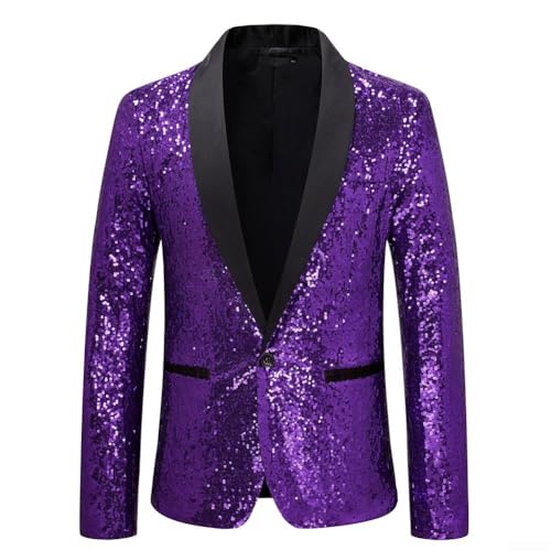 Image of Men Sequin Blazer Gold Glitter Suit Shiny Party Jacket Nightclub Host Coat Prom Tuxedo Top Stage Performance Wear Disco Dance Outfit Costume(M Purple)