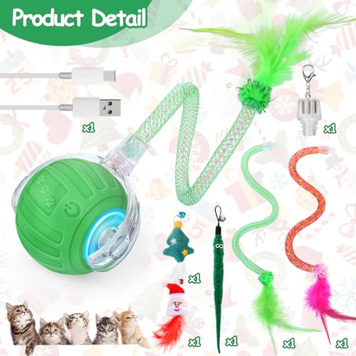 Image of Interactive Cat Toy Ball - Christmas Cat Toys for Indoor Cats with Feather Tails for Chasing, Moving Stimulation Smart Cat Toy for Enrichment, Motion Activated Automatic Rolling Toys to Keep Them Busy