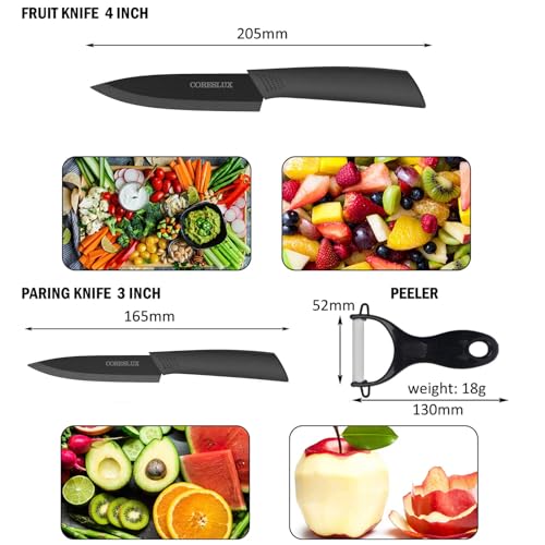 Foto von CORESLUX Keramikmesser Set, 4 Keramik Küchenmesser Set mit 1 Sparschäler, Antihaftbeschichtet, Scharf, Kochmesser, Messerkeramik Set zum Schneiden Obst Gemüse Fleisch (Schwarz)