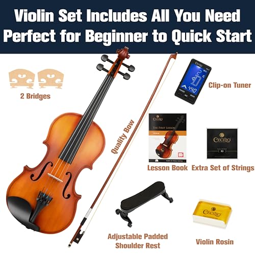 Image of Mendini By Cecilio 1 /2 Violin Set For Beginners - Fiddle Solidwood Kit with Hard Case - Acoustic Violin with Bow, Rosin, Tuner, Extra Strings & Bridge, Shoulder Rest and Lesson Book (Satin Antique)