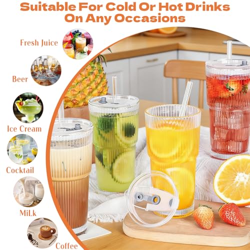 Forbabe 2 Stück 600ml Trinkgläser mit Deckel und Strohhalm, Groß Gerippte Glasbecher Wiederverwendbare Eiskaffee Gläser Durchsichtig Latte Macchiato Gläser zu Heiße/Kalte Getränke für Alltag Reisen