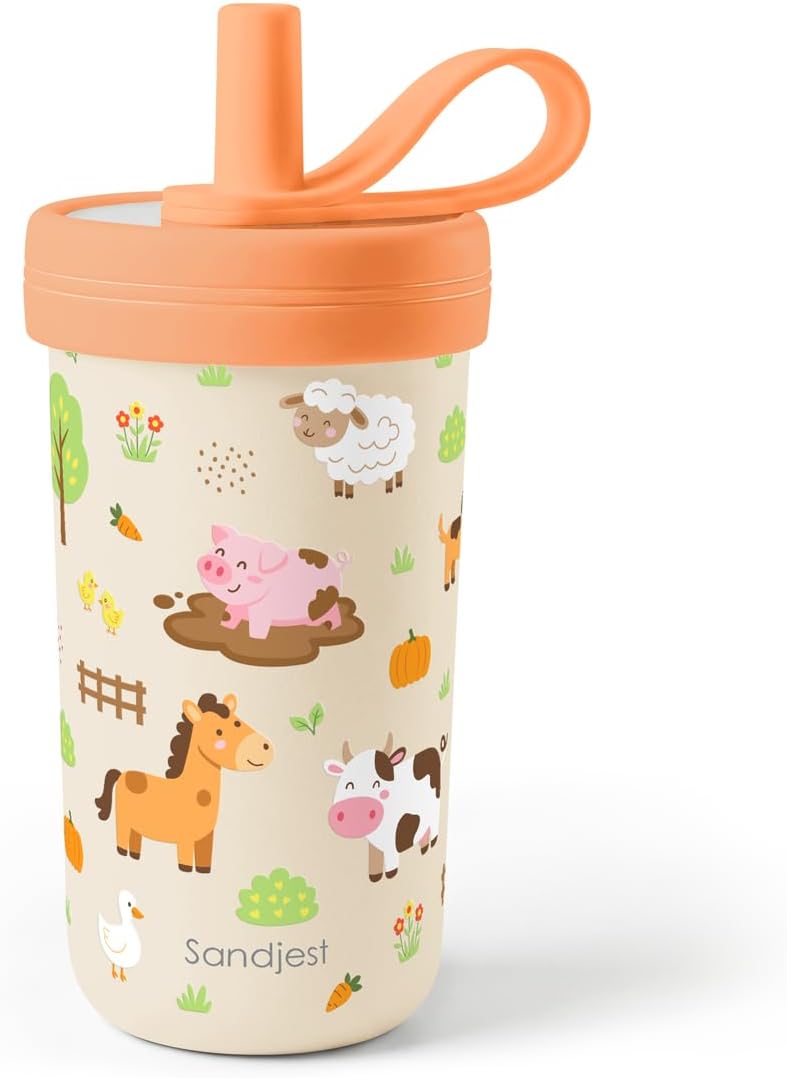 SANDJEST Kids Stainless Steel Tumbler with Silicone Straw 14oz, Farm Animal Insulated Drinking Cup for Children, Girls, Boys for Back To School, Birthday