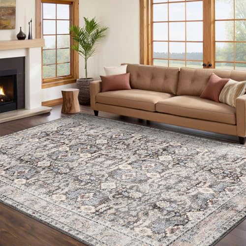 GarveeHome Washable Rugs 5x7 Vintage Floral Area Rugs for Living Room Bedroom, Ultra Soft Retro Accent Carpet, Non Slip Low Pile Floor Mats for Dining Room, Home Office Decor, Beige Brown