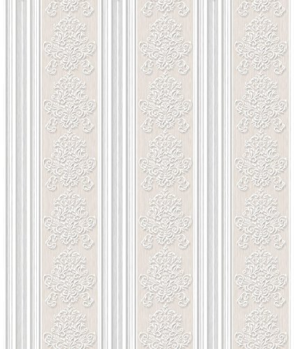 Papel de Parede, Listra e Arabesco com Relevo, Bege/Cinza, 1000x52 cm, Bobinex Uau