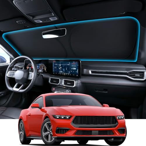 Image of Wigoo for Ford Mustang Windshield Sunshade [OEM Design, 100% Sun Blockage] Foldable Heat Insulation Sun Shade with Storage Bag, for Ford Mustang (2015-2026), Silver Coating