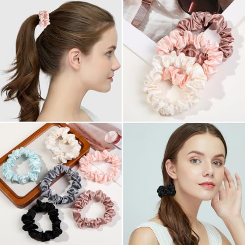Image of Silk Hair Ties Satin Scrunchies - Small Mini Scrunchy for Women Thick Hair Accessories Cute Soft No Slip Hair Elastics Ponytail Holder for Curly Hair No Damage Hairties Gift for Girls