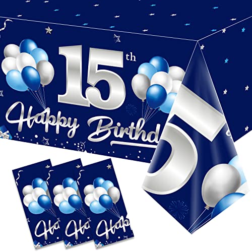 Turypaty 3 Pack Blue Silver 15th Birthday Tablecloth Decoration for Boy, Navy Blue Happy 15 Table Cover Party Supplies, Fifteen Years Old Birthday Disposable Rectangular Table Cloth for Indoor Outdoor by Turypaty - Used condition - US$11.68
