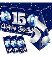 3 Pack Blue Silver 15th Birthday Tablecloth Decoration for Boy, Navy Blue Happy 15 Table Cover Pa...