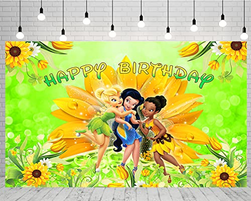 Sunflower Backdrop for Tinker Bell Birthday Party Supplies 5x3ft Fairy Photo Backgrounds Tinkerbell Theme Baby Shower Banner