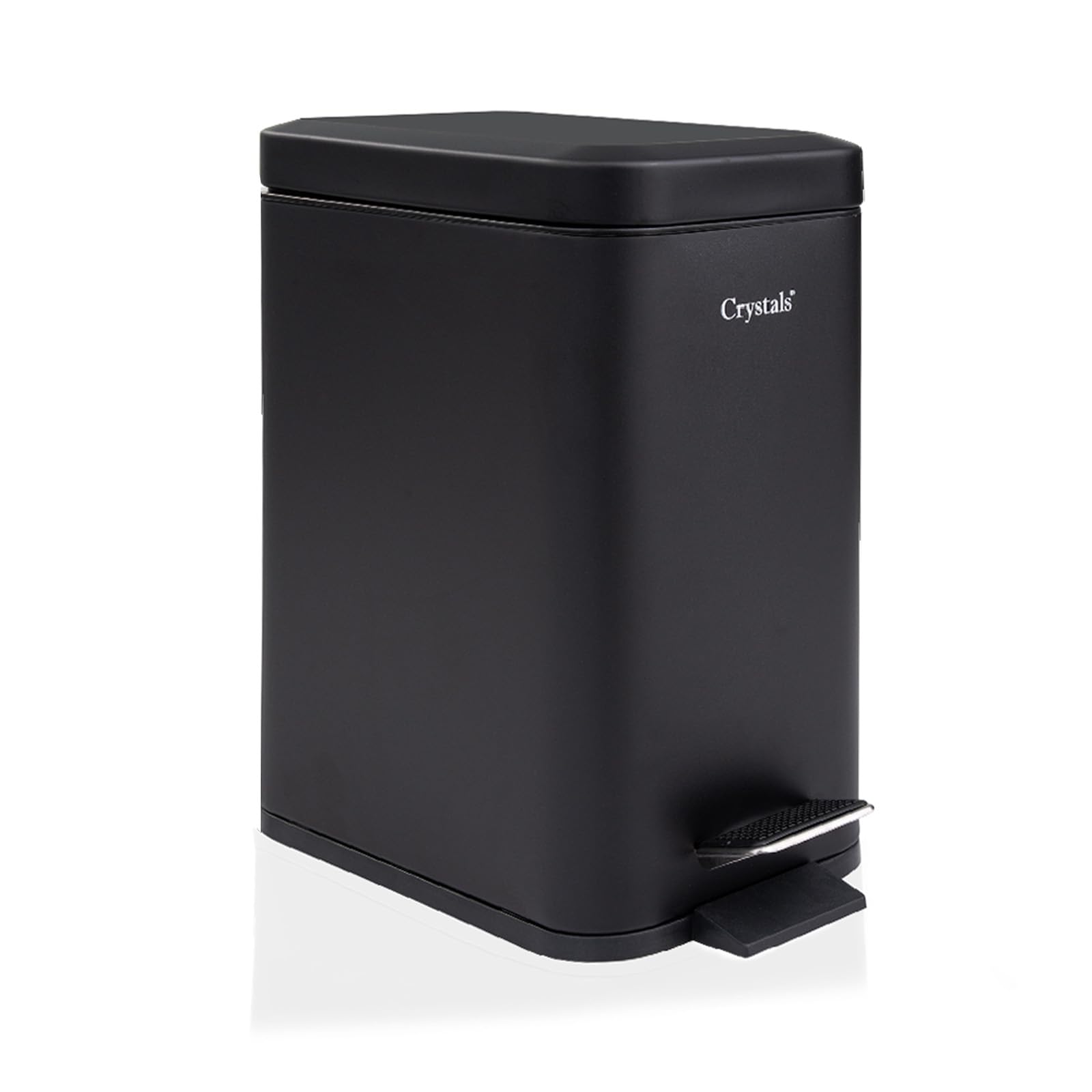 Crystals Soft Close Bin, 3L Rectangular Bathroom Bin – Slim Stainless Steel Compact Waste Bin for Office & Small Spaces (BLACK)