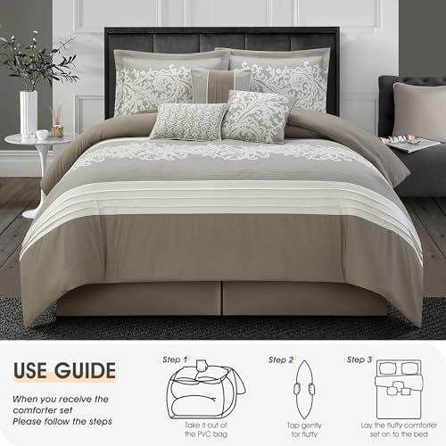 LANCO MODERN LIFESTYLE Taupe Comforter Set, Queen, Damask Jacquard with Matching Solid Piece Work, 7 Piece Soft Bedding Set for All Season, Bed Skirt, Pillow Shams and Decorative Pillows by LANCO MODERN LIFESTYLE - Used condition - Image 6