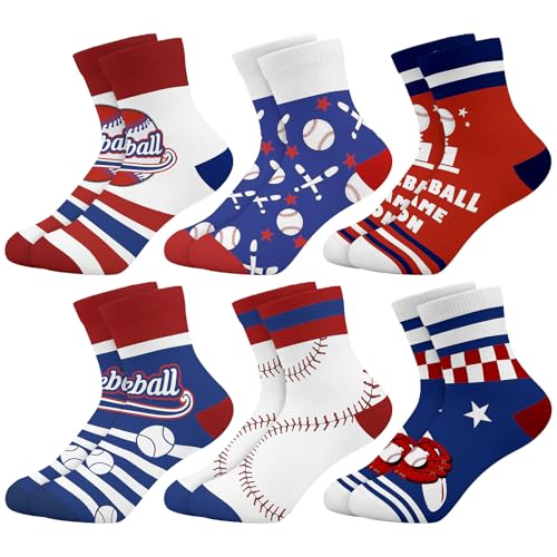 Queenshin - Queenshin 6 Paires Chausson Chaussette Garçon Enfants Baseball Rouge Bleu Rayures Rigolotes Fantaisie Sport Chaussette Courtes Basse Idée Cadeau Confortable et Respirant de 4 à 6 Ans Taille 26-28