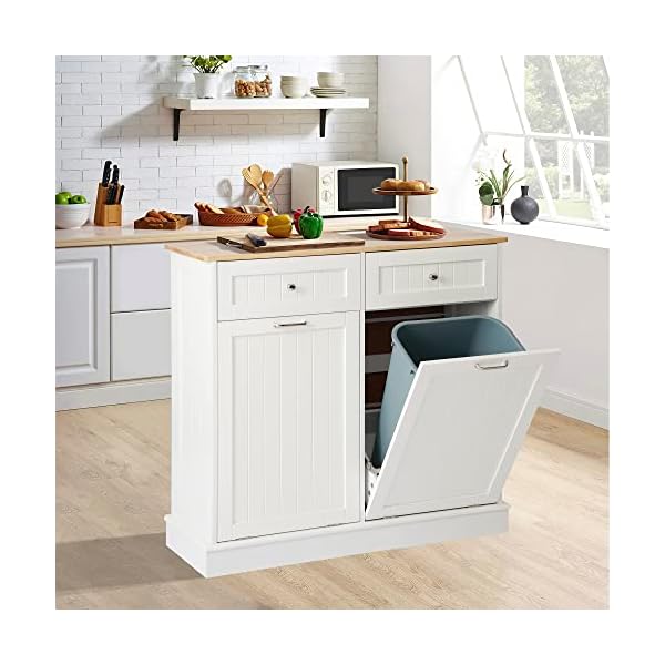 LOUVIXA Tilt Out Trash Can Cabinet Dog Proof with Double Wood Hidden Holder, Kitchen Free Standing Recycling Cabinet（White）