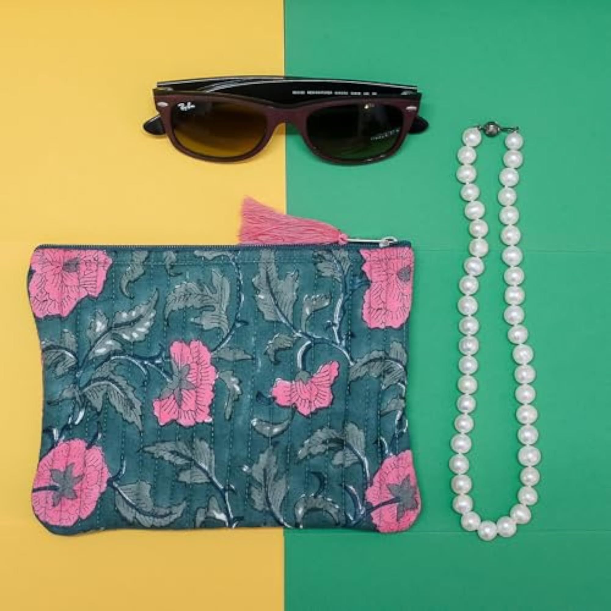 Women's Stylish Printed Cotton Flat Pouch Wallet, Sarah Green