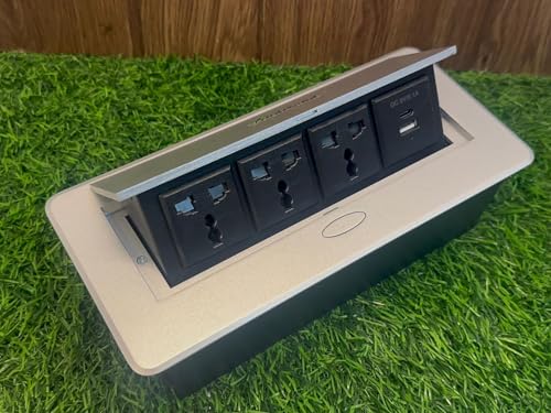 Image of Audiovan Hydraulic Cable Cubby Pop Up Conference Box, Cable Manager Socket Electrical Box With 3 Power Socket and 2 USB socket C type Charger (Silver popup box 3 Power+ 2 USB (A+C TYPE)