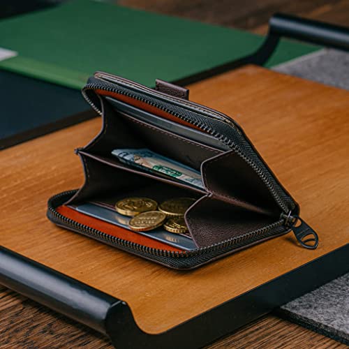 Image of Vaultskin Minimalist Leather Zipper Wallet. Small RFID-Blocking Multi-Card Holder with Coin Compartment MAYFAIR, Brown, Small Zipper Wallet With Rfid Blocking