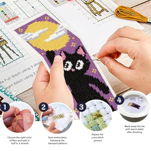 Image of ACRNIGHEET 6PCS Cross Stitch Bookmark Kit for Beginner Stamped Cross Stitch Kits for Adults Cute Cat & Moon DIY Tassel Embroidery Bookmark Kits Needlepoint Kit with Instructions Gift 8.5''x3'' 11CT