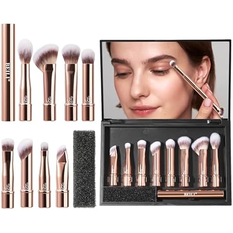 BEILI Travel Eye Makeup Brushes Set 8pcs Removable Double Sided Makeup Brush with Mirror Box & Removal Cleaner Sponge for Concealer Eyeshadow Contour Powder Blending Eyebrow Eyeliner Rose Gold S102 Cover