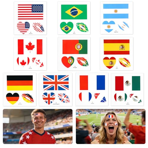 2026 Soccer Match Temporary Face Tattoos 10 Countries Soccer Fan Tattoo Stickers USA Canada Mexico France England Spain Germany Portugal Argentina Brazil Flag Face Stickers for Sports Party Favors