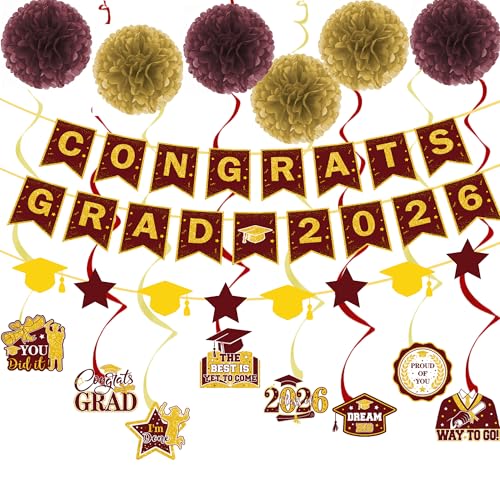17 Pcs Maroon and Gold Graduation Decorations Congrats Grad 2026 Banner Set with Hanging Swirls & Tissue Paper Pom Poms Class of 2026 Graduation Party Decor