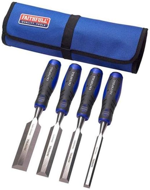 Faithfull FAIWCSGS4CR Soft-Grip Bevel Edge Chisel Set of 4 (13, 19, 25 & 32mm) with Chisel Roll, Blue/Black