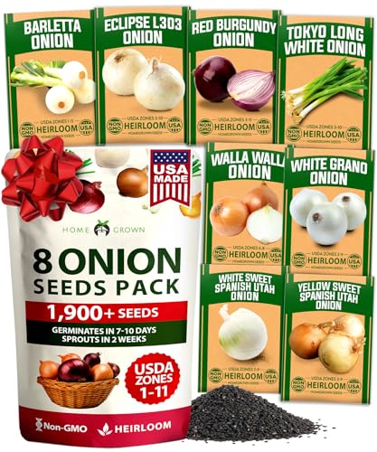 Image of HOME GROWN 8 Onion Variety Mix 1600+ Heirloom Non-GMO Seeds for Planting, High Germination, Red, Yellow, White, Sweet Vidalia & Spanish Bulb Onions, Green Scallions,Indoor Outdoor Garden (Allium cepa)